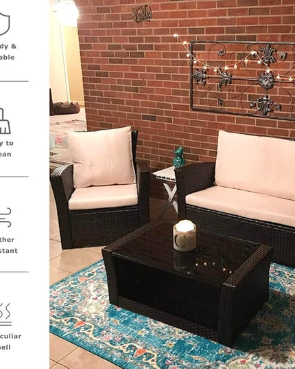 FDW Sectional Sofa Rattan Chair Wicker Conversation Set Outdoor Backyard Porch Poolside Balcony Garden Furniture with Coffee Table, Brown - LeafyLoom