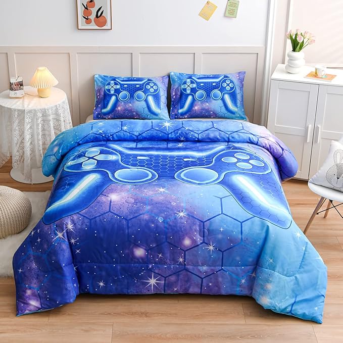 NTBED Game Console Comforter Set for Boys Girls Kids 3D Gaming Geometric Lightweight Microfiber Bedding Sets (Blue Purple, Queen) - LeafyLoom