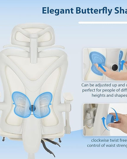 Ergonomic Office Chair with Footrest, Mesh Home Office Desk Chair with Adjustable Lumbar Support and Headrest, Comfortable Gaming Computer Chair for Study Work(Cream) - LeafyLoom