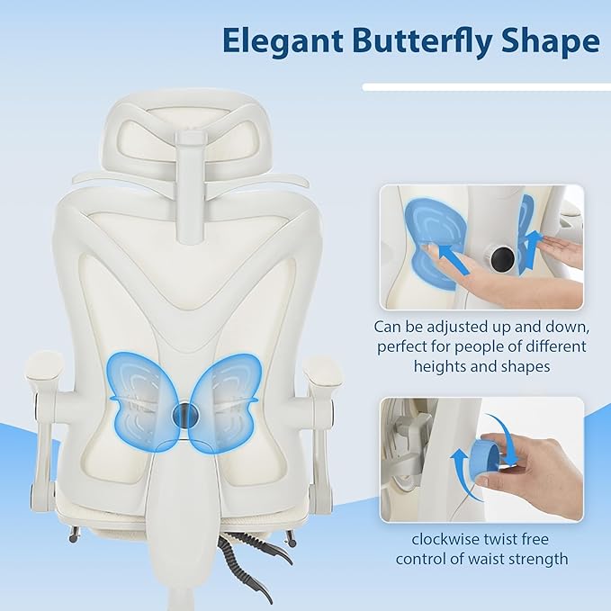 Ergonomic Office Chair with Footrest, Mesh Home Office Desk Chair with Adjustable Lumbar Support and Headrest, Comfortable Gaming Computer Chair for Study Work(Cream) - LeafyLoom