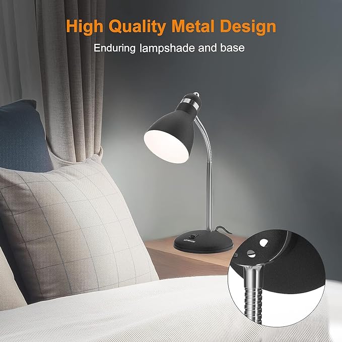 LEPOWER Metal Desk Lamp, Eye-Caring Table Lamp, Study Lamps with Flexible Goose Neck for Bedroom, Home Office (Matte Black) - LeafyLoom
