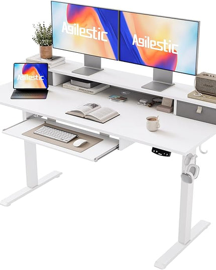 Electric Standing Desk with 2 Drawers and Keyboard Tray, 55 x 24 Inches Ergonomic Adjustable Height Desk with Storage, Sit Stand up Desk Computer Workstation, White - LeafyLoom