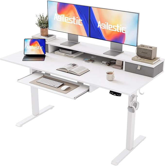 Electric Standing Desk with 2 Drawers and Keyboard Tray, 55 x 24 Inches Ergonomic Adjustable Height Desk with Storage, Sit Stand up Desk Computer Workstation, White - LeafyLoom