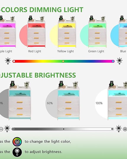 HNEBC RGB LED Nightstand with Wireless Charging Station, Smart Night Stand with 3 Drawers and Sliding Tray, Modern Bedside Table for Bedroom Furniture, High Gloss End Sofa Tables (B White) - LeafyLoom