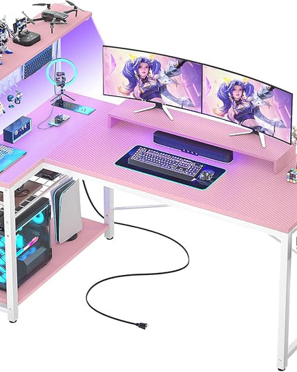 Homieasy Small Gaming Desk with Power Outlets Pegboard LED Light, 51 Inch L Shaped Computer Desk with Monitor Stand Storage Shelves, Reversible Corner Desk with Headset Hooks, Carbon Pink - LeafyLoom