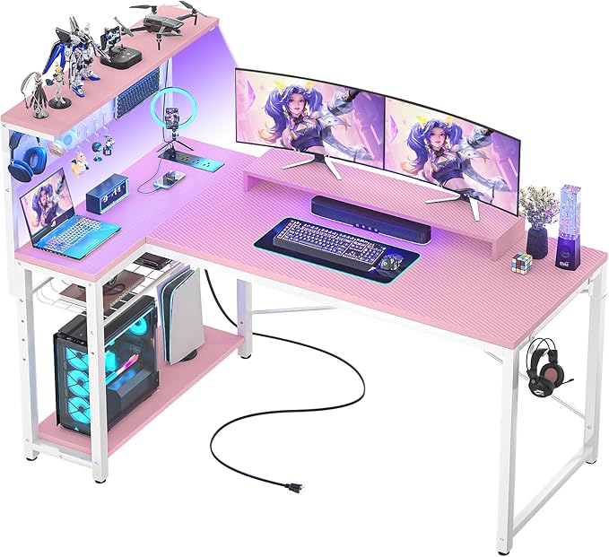 Homieasy Small Gaming Desk with Power Outlets Pegboard LED Light, 51 Inch L Shaped Computer Desk with Monitor Stand Storage Shelves, Reversible Corner Desk with Headset Hooks, Carbon Pink - LeafyLoom