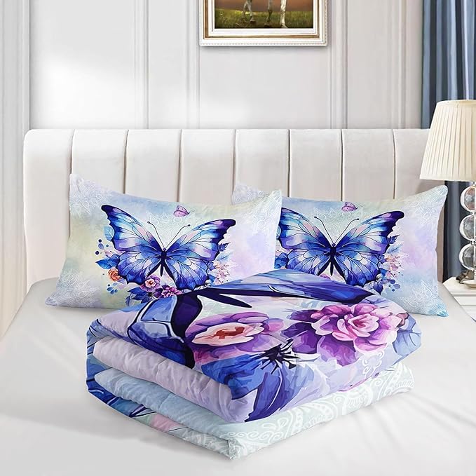 Datura home Kids Comforter Set Butterfly Printed Pattern Bedding Set with 1 Comforter and 2 Pillowcases for Girls Boys Bedroom All Season(Butterfly3 Queen) - LeafyLoom