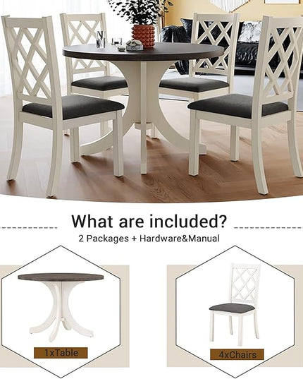 Mid-Century Style Round 4 Upholstered Chairs, Long-Lasting Solid Wood, Easy Clean & Assembly, Room, Kitchen, Small Place, 5 Piece Dining Table Set, Brown 30 - LeafyLoom