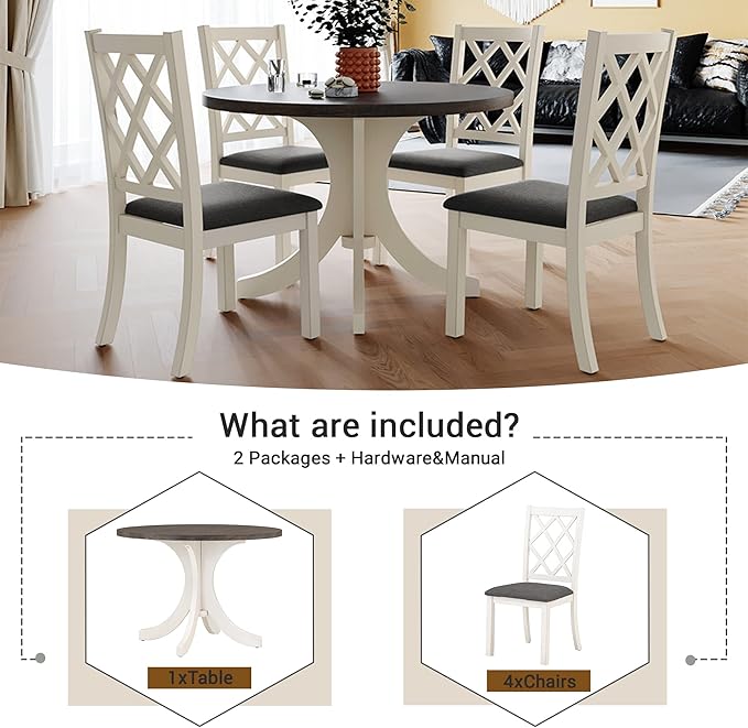 Mid-Century Style Round 4 Upholstered Chairs, Long-Lasting Solid Wood, Easy Clean & Assembly, Room, Kitchen, Small Place, 5 Piece Dining Table Set, Brown 30 - LeafyLoom