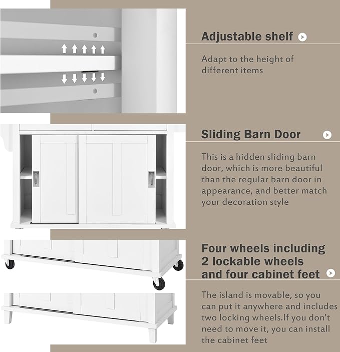 Kitchen Cart with Rubber Wood Drop-Leaf Countertop and Sliding Barn Door, Rolling Mobile Kitchens Island on Wheels w/Storage and Towel Rack for Dining Room Kitchen - LeafyLoom