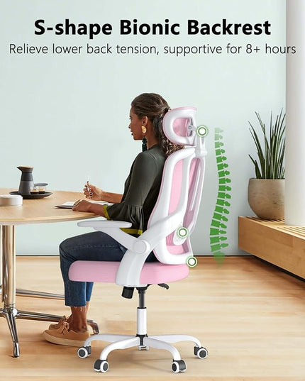 Ergonomic Mesh Office Chair, High Back Home Desk Chair with Flip-up 3D Armrests, Lumbar Support, Adjustable Headrest, Swivel Computer Task Chair for Home, Office, Work, Student, Pink - LeafyLoom