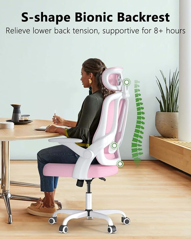 Ergonomic Mesh Office Chair, High Back Home Desk Chair with Flip-up 3D Armrests, Lumbar Support, Adjustable Headrest, Swivel Computer Task Chair for Home, Office, Work, Student, Pink - LeafyLoom