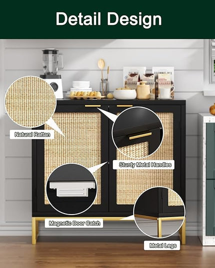 Anmytek Rattan Sideboard Buffet Kitchen Storage Cabinet with 2 Doors, Modern Black Accent Cabinet for Kitchen Buffet Cabinet with Storage for Kitchen - LeafyLoom