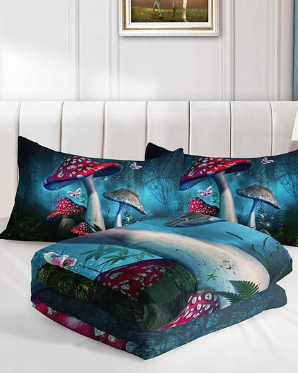 Red Mushroom Kawaii Comforter Set Queen Size Kids Mushroom Butterfly Bedding Set Botanical Plant Theme Print Quilt Bed Set for Boys Girls Adults with 1 Comforter and 2 Pillowcases - LeafyLoom