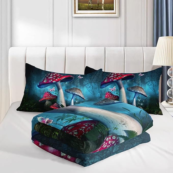 Red Mushroom Kawaii Comforter Set Queen Size Kids Mushroom Butterfly Bedding Set Botanical Plant Theme Print Quilt Bed Set for Boys Girls Adults with 1 Comforter and 2 Pillowcases - LeafyLoom
