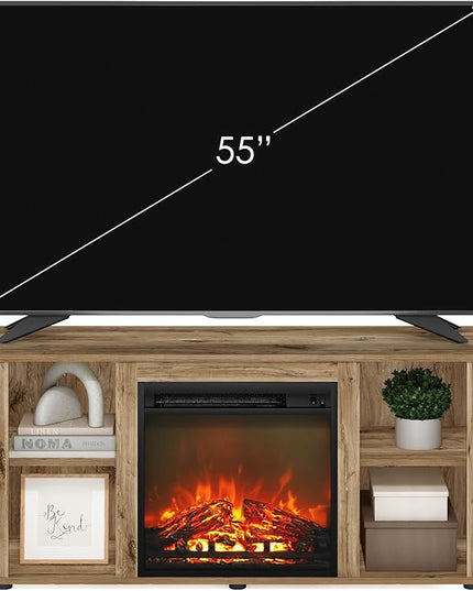 Furinno Jensen Entertainment Center Stand with Fireplace for TV up to 55 Inch, 55-Inch, Flagstaff Oak - LeafyLoom