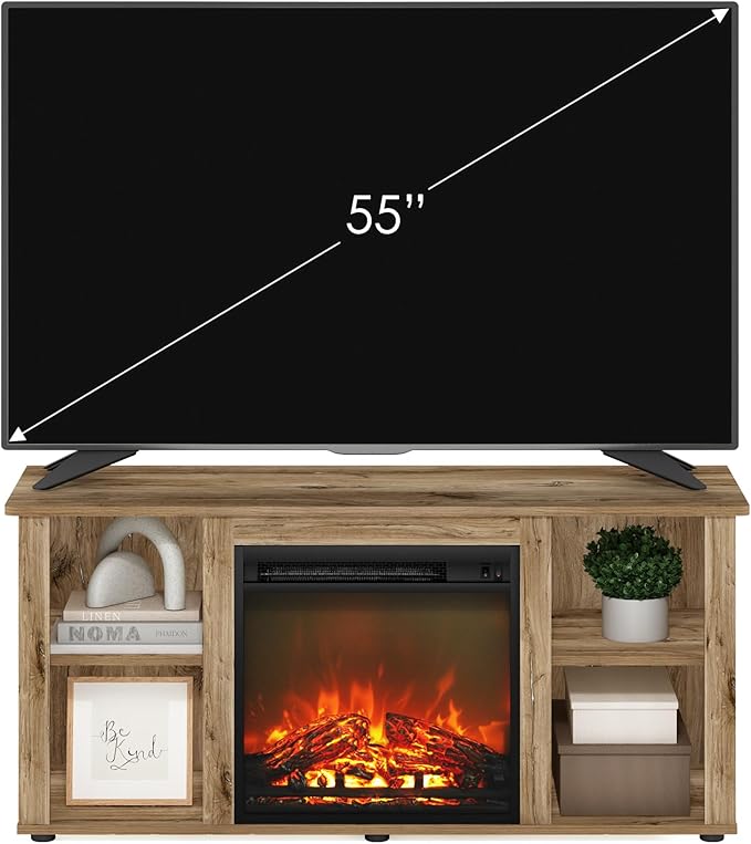 Furinno Jensen Entertainment Center Stand with Fireplace for TV up to 55 Inch, 55-Inch, Flagstaff Oak - LeafyLoom