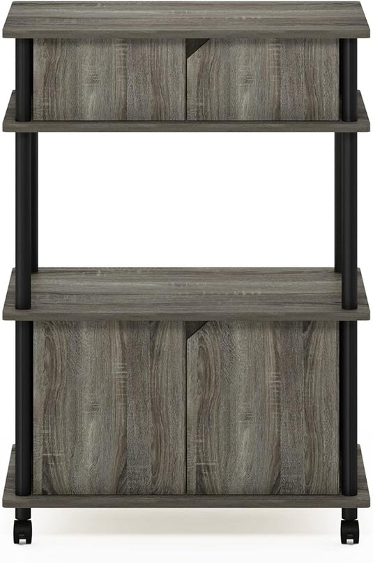 Furinno Turn-N-Tube Kitchen Storage Cart with Cabinet and Lockable Wheels, French Oak Grey/Black - LeafyLoom