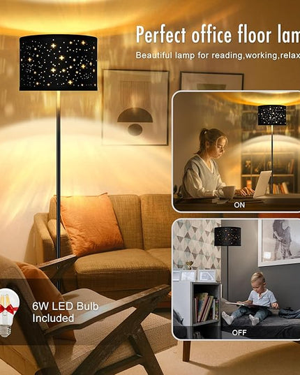 Black Floor Lamps for Living Room Bedroom, Bright Modern Standing Lamp with LED Bulb(6W Bulb), Black Star Lamp Shade, 59" Tall, Footswitch, Simple Reading Floor Lamps Corner Lamp for Office/Den - LeafyLoom