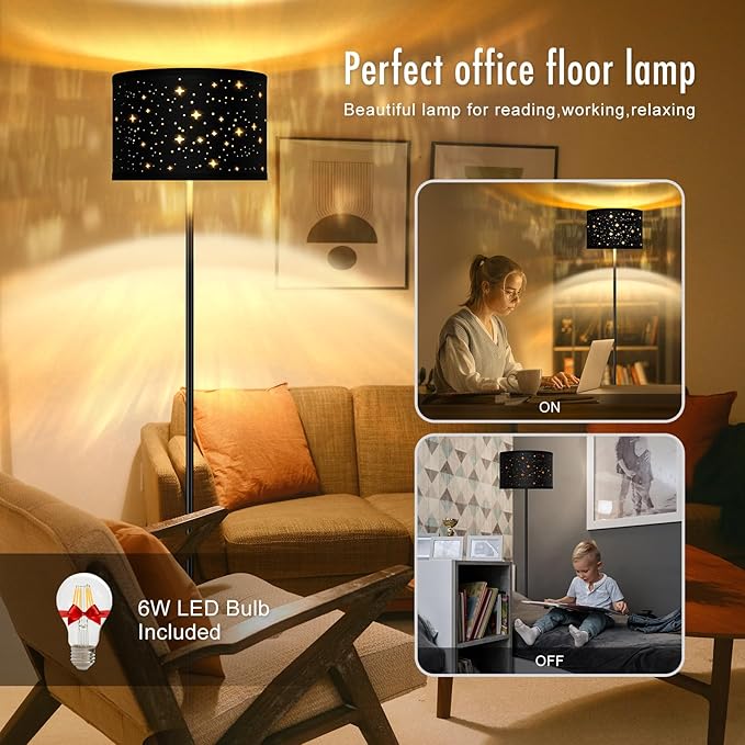 Black Floor Lamps for Living Room Bedroom, Bright Modern Standing Lamp with LED Bulb(6W Bulb), Black Star Lamp Shade, 59" Tall, Footswitch, Simple Reading Floor Lamps Corner Lamp for Office/Den - LeafyLoom