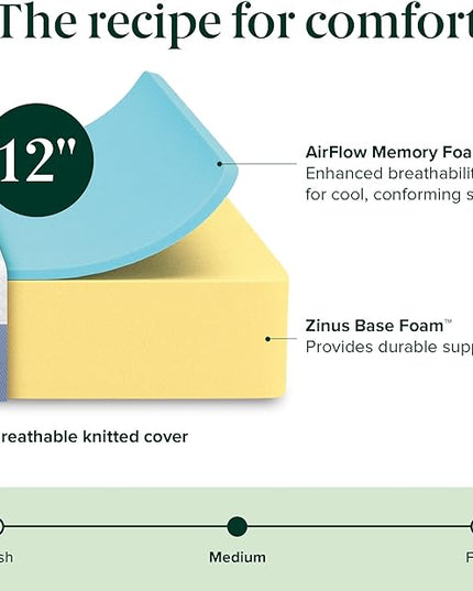 ZINUS 12 Inch Cooling Essential Memory Foam Mattress [New Version], Queen, Fiberglass Free, Medium Feel, Cooling Airflow Memory Foam, Certified Safe Foams & Fabric, Mattress in A Box - LeafyLoom
