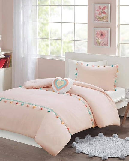Mi Zone Kids Twin Comforter Set for Girls, Pink Comforter SetTwin Comforter Set, Tessa Adorable Twin Bedding Sets for Girls, Fun Pom Pom Tassel, Sham, Boho Heart Throw Pillow, Twin, Blush 3 Piece - LeafyLoom