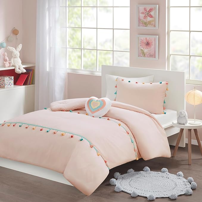 Mi Zone Kids Queen Comforter Set for Girls, Pink Comforter Set Queen, Tessa Adorable Teen Bedding Sets for Girls, Fun Colorful Pom Pom Tassel, Sham, Boho Heart Throw Pillow, Full/Queen, Blush 4 Piece - LeafyLoom