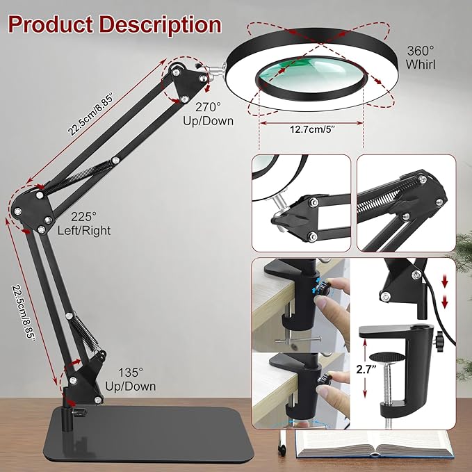 12X Magnifying Glass with Light and Stand,5 Inches 2-in-1 Lighted Magnifier with Clamp 5 Color Modes LED Desk Lamp,Hands Free for Craft Hobby Reading Painting Sewing Close Work (5 Inches) - LeafyLoom