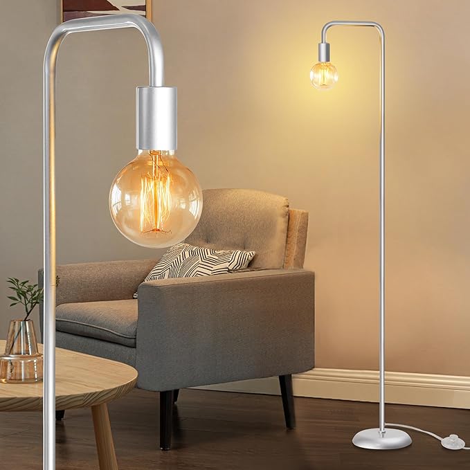 QiMH Industrial Floor Lamp for Living Room, Farmhouse Metal Standing Lamp, Modern Tall Lamp for Bedroom Office Minimalist Floor Lamps Home Decor(E26 Socket, Foot Switch) (Silver) - LeafyLoom