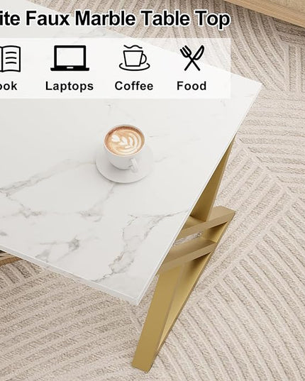 Coffee Table Living Room Table White Center Table, Simple Modern Faux Marble Rectangular Tea Table with Sturdy Gold-Finished Metal Frame,Industrial Wooden Coffee Table for Bedroom Home Office - LeafyLoom