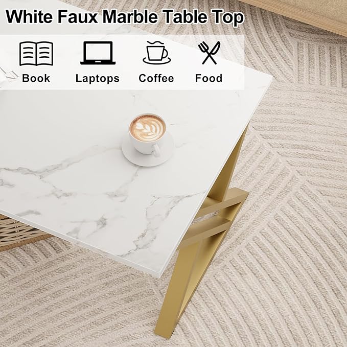 Coffee Table Living Room Table White Center Table, Simple Modern Faux Marble Rectangular Tea Table with Sturdy Gold-Finished Metal Frame,Industrial Wooden Coffee Table for Bedroom Home Office - LeafyLoom