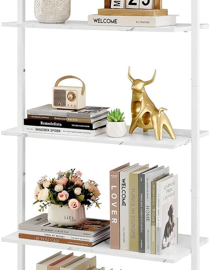 Tajsoon 25.2''W Ladder Shelf Bookshelf, 5 Tier Wall Shelf with Metal Frame, Modern Open Wall Mount Bookcases for Home, Office, Balcony, Plant Flower, White - LeafyLoom