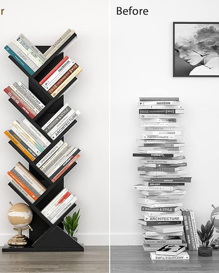 Topfurny Tree Bookshelf, 9-Tier Shelf Rustic Brown Bookcase, Retro Wood Storage Rack for CDs/Movies/Books, Anti-Fall Utility Organizer Shelves for Living Room, Bedroom, Home Office, Black - LeafyLoom