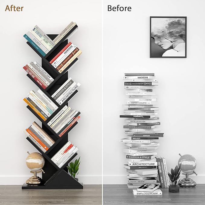 Topfurny Tree Bookshelf, 9-Tier Shelf Rustic Brown Bookcase, Retro Wood Storage Rack for CDs/Movies/Books, Anti-Fall Utility Organizer Shelves for Living Room, Bedroom, Home Office, Black - LeafyLoom