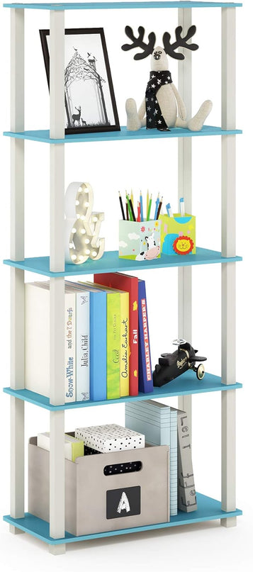 Furinno Turn-N-Tube 5-Tier Multipurpose Shelf / Display Rack / Storage Shelf / Bookshelf, Square Tubes, Light Blue/White - LeafyLoom