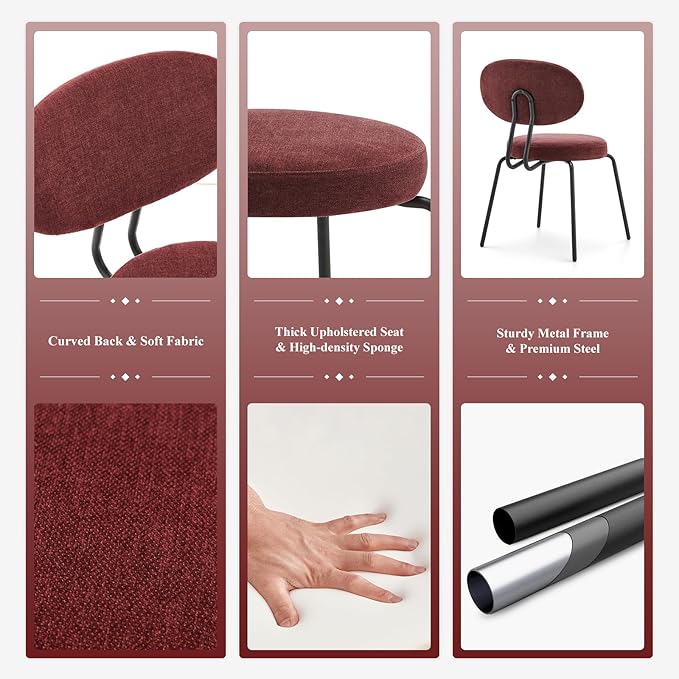 COLAMY Upholstered Fabric Dining Chairs Set of 4, Modern Dining Room Kitchen Side Chairs with Round Seat, Curved Backrest, Metal Legs, Red - LeafyLoom