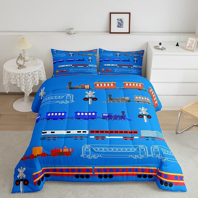 Erosebridal Train King Comforter Set for Boys,Cartoon Car Bedding Set for Kids Boys Girls Toddler,Vintage Car Down Comforter,Retro Steam Railway Rail Traffic Light Duvet Set Bedroom Decor,Blue 3Pcs - LeafyLoom