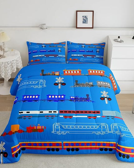 Erosebridal Train Twin Comforter Set for Boys,Cartoon Car Bedding Set for Kids Boys Girls Toddler,Vintage Car Down Comforter,Retro Steam Railway Rail Traffic Light Duvet Set Bedroom Decor,Blue 2Pcs - LeafyLoom