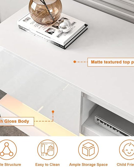 White TV Stand Modern - TV Stands with Led Lights and Storage Drawers for TVs up to 55 Inch - Gaming TV Entertainment Stand for Living Room, Bedroom - LeafyLoom