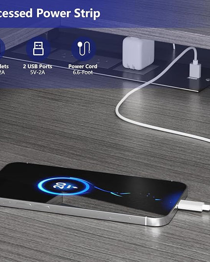 L Shaped Gaming Desk with Power Outlets & LED Lights, Computer Desk with Monitor Stand & Storage Shelf, Home Office Desk Corner Desk with Hooks, Easy to Assemble, Grey - LeafyLoom