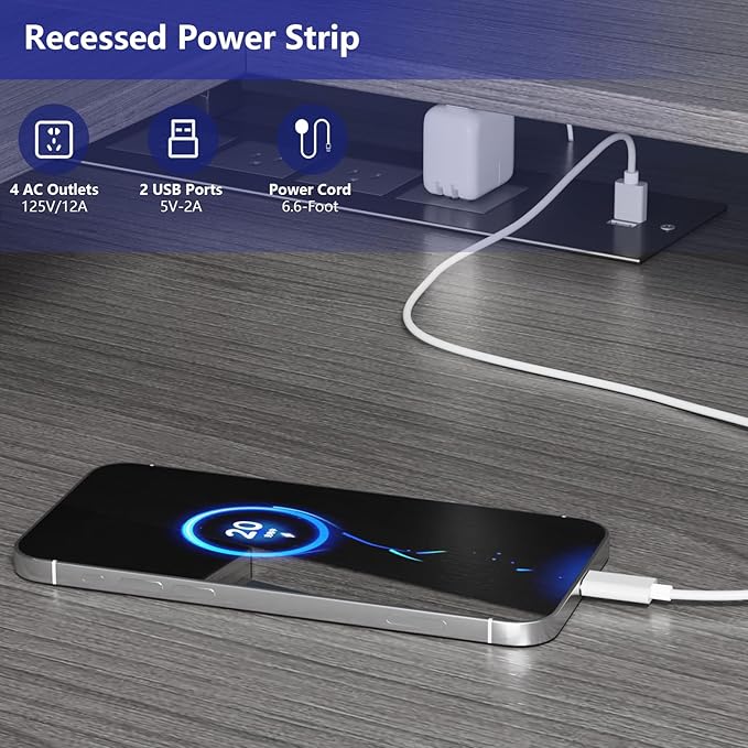 L Shaped Gaming Desk with Power Outlets & LED Lights, Computer Desk with Monitor Stand & Storage Shelf, Home Office Desk Corner Desk with Hooks, Easy to Assemble, Grey - LeafyLoom