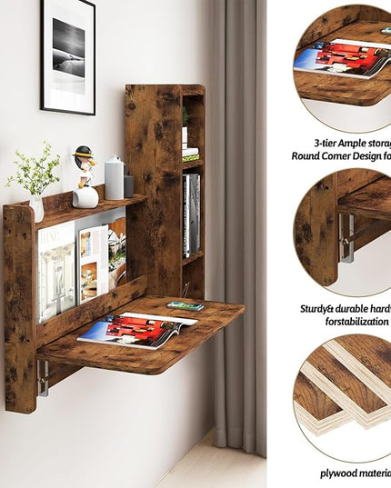 Pmnianhua Farmhouse Floating Desk,41''Wall Mounted Desk,L Shaped Folding Table,Fold Down Laptop Computer Table with Storage for Wall Bedroom Small Space (Rustic Brown-Right) - LeafyLoom