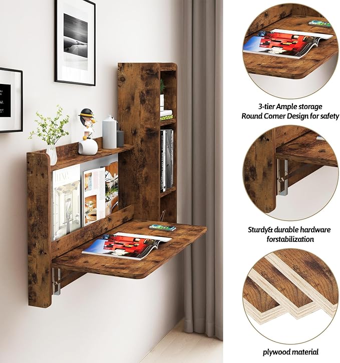 Pmnianhua Farmhouse Floating Desk,41''Wall Mounted Desk,L Shaped Folding Table,Fold Down Laptop Computer Table with Storage for Wall Bedroom Small Space (Rustic Brown-Right) - LeafyLoom