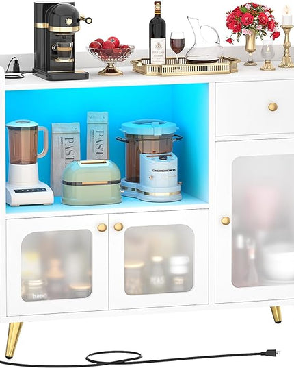 Cyclysio Sideboard Buffet Cabinet with Power Outlet, Kitchen Cabinet with LED Lights, Large Bar Cart Accent Buffet Cabinet with Door for Bedroom, Living Room, Kitchen, Hallway, White - LeafyLoom