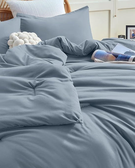 CozyLux Grayish Blue Comforter Set King Size, 3 Pieces Solid Breathable Quilted Boho Style Bedding Sets, Luxury Fluffy Soft Microfiber Comforter for All Season(1 Comforter & 2 Pillowcases) - LeafyLoom