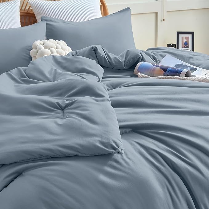 CozyLux Grayish Blue Comforter Set King Size, 3 Pieces Solid Breathable Quilted Boho Style Bedding Sets, Luxury Fluffy Soft Microfiber Comforter for All Season(1 Comforter & 2 Pillowcases) - LeafyLoom