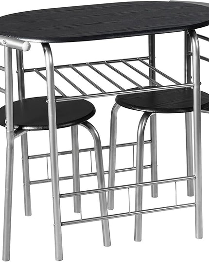 DORTALA 3PCS Dining Table Set, 1 table & 2 chairs set, 3 Piece Compact Dining Set, Oval Table & Mid-back Chairs w/Built-in Wine Rack, Suitable for Small Space, Black & Silver - LeafyLoom