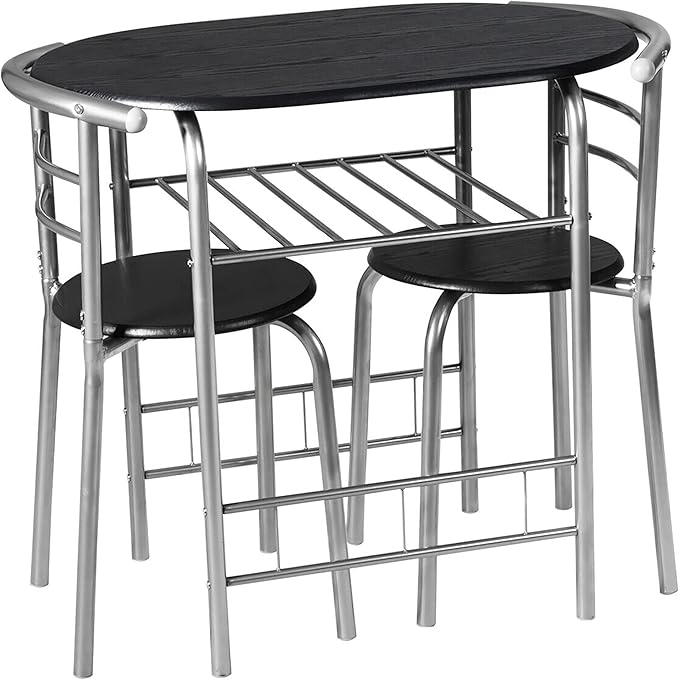 DORTALA 3PCS Dining Table Set, 1 table & 2 chairs set, 3 Piece Compact Dining Set, Oval Table & Mid-back Chairs w/Built-in Wine Rack, Suitable for Small Space, Black & Silver - LeafyLoom