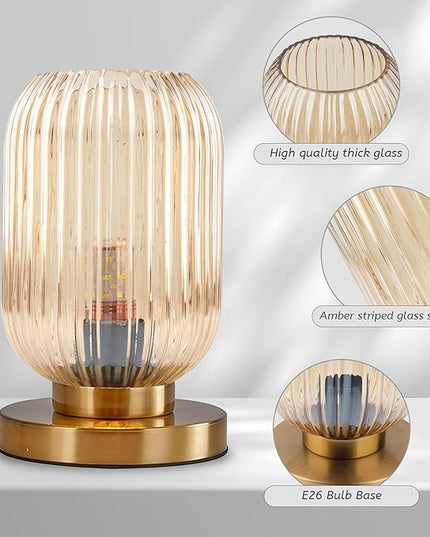 Bedside Table Lamp Mid Century Glass Table Lamps Modern Globe Table lamp Gold Desk lamp nightstand lamp with Amber Pumpkin Design with Ribbed Glass Shade for Bedroom Living Room Office - LeafyLoom