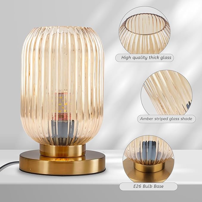 Bedside Table Lamp Mid Century Glass Table Lamps Modern Globe Table lamp Gold Desk lamp nightstand lamp with Amber Pumpkin Design with Ribbed Glass Shade for Bedroom Living Room Office - LeafyLoom